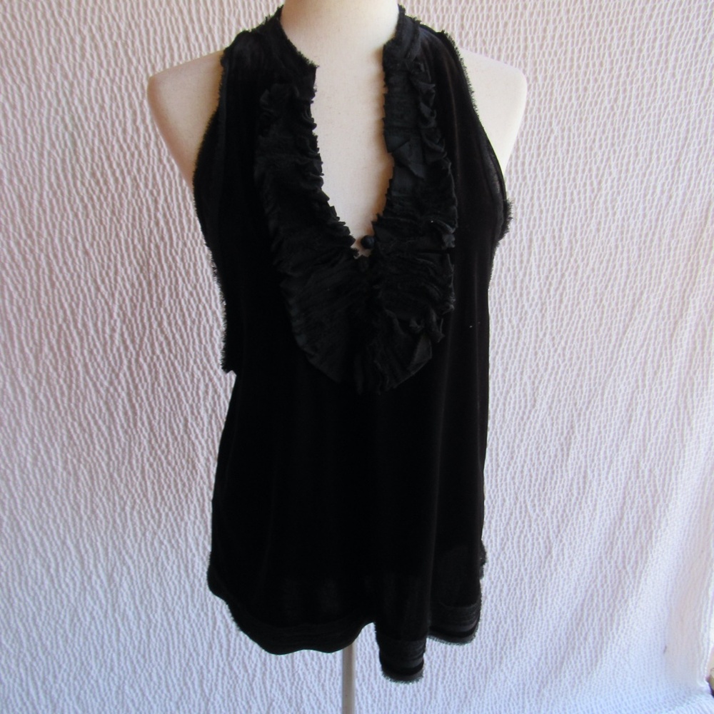 Black Ruffle Velvet Top Womens S Layered Trim Jersey Lined Racer Back BCBG